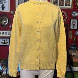Vintage Yellow Cardigan Sweater 1960 to 70s Made in Scotland 100% Shetland Wool